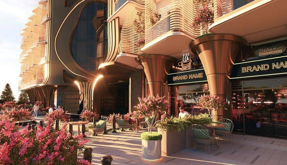 Marvento Resort Hurghada – street-facing entrance and planted balconies at sunset, developer render