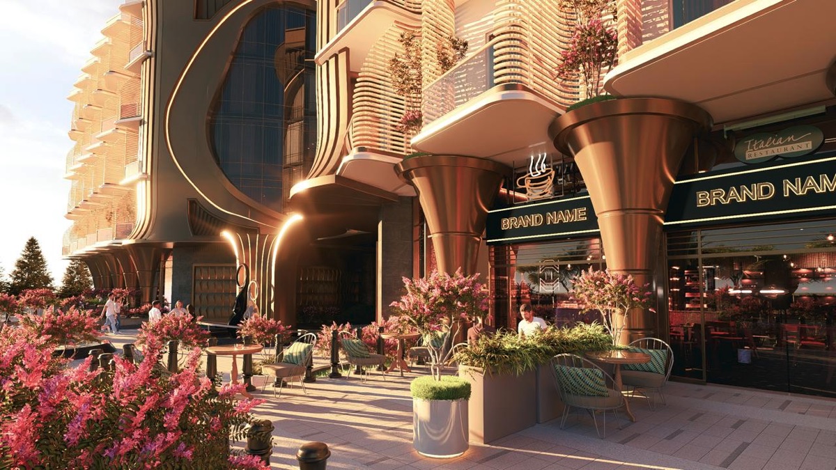 Marvento Resort Hurghada – street-facing entrance and planted balconies at sunset, developer render