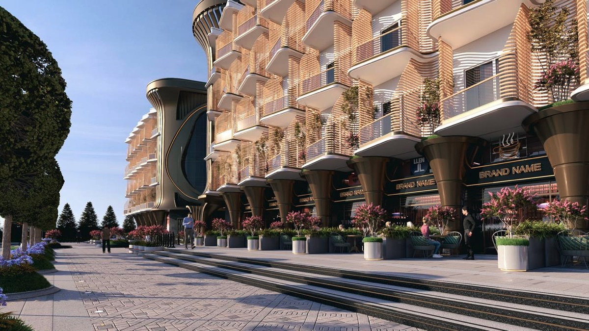 Marvento Resort Hurghada – Retail frontage beneath apartment balconies Marvento Resort Hurghada – retail frontage beneath apartment balconies, developer render