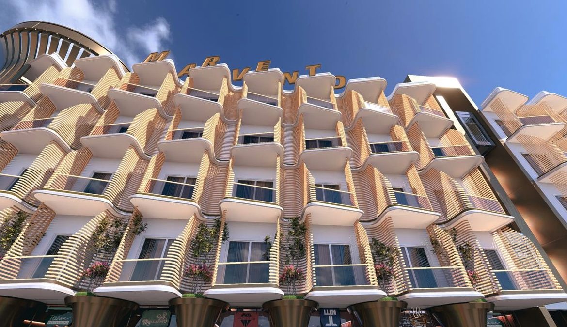 Marvento Resort Hurghada – upward view of curved residential balconies, developer render