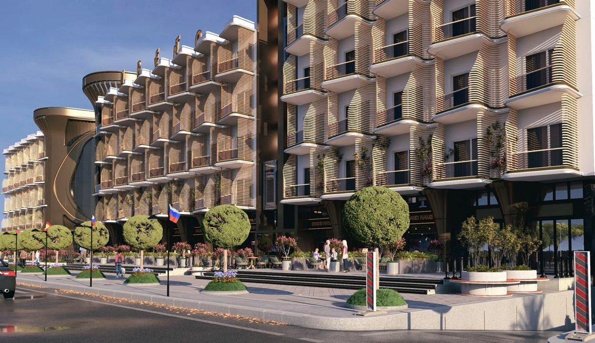 Marvento Resort Hurghada – residential façade and pedestrian pavement, developer render