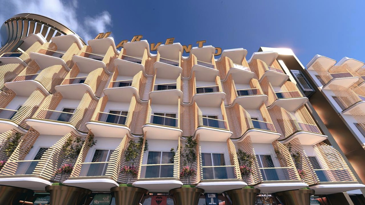 Marvento Resort Hurghada – upward view of curved residential balconies, developer render