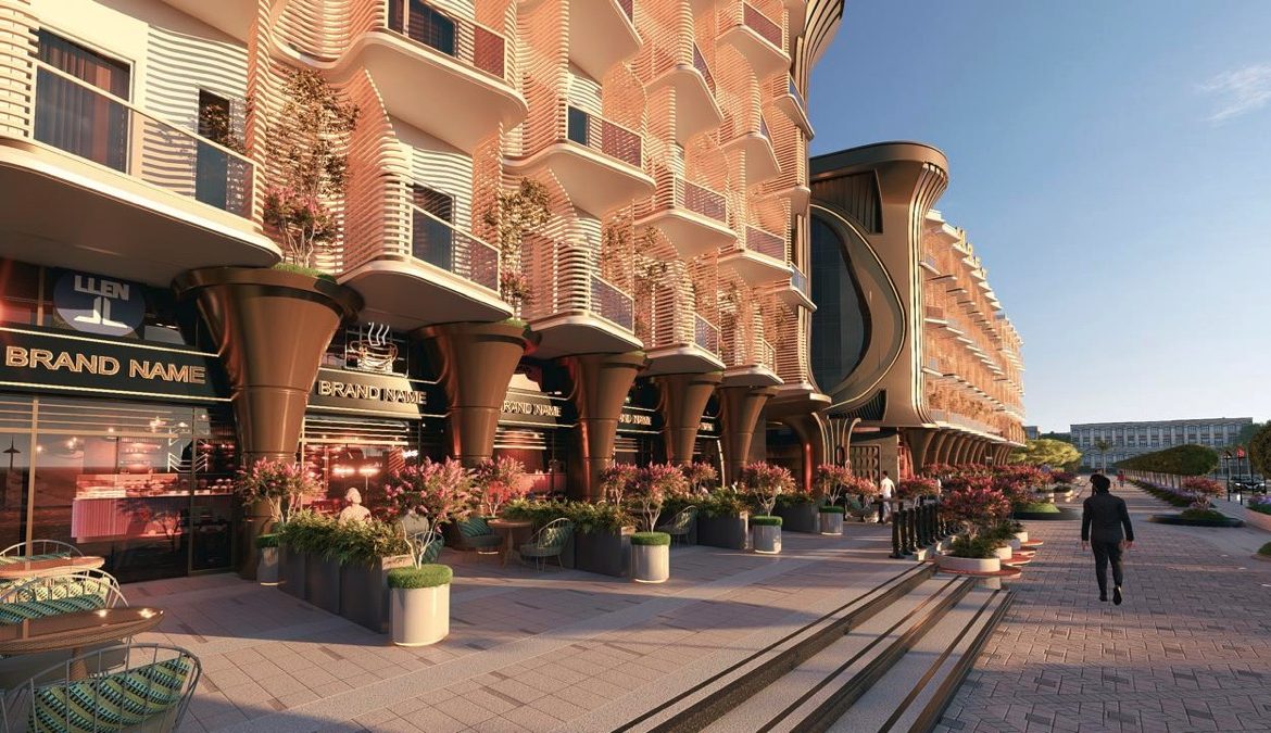 Marvento Resort Hurghada – pedestrian frontage and curved apartment balconies, developer render