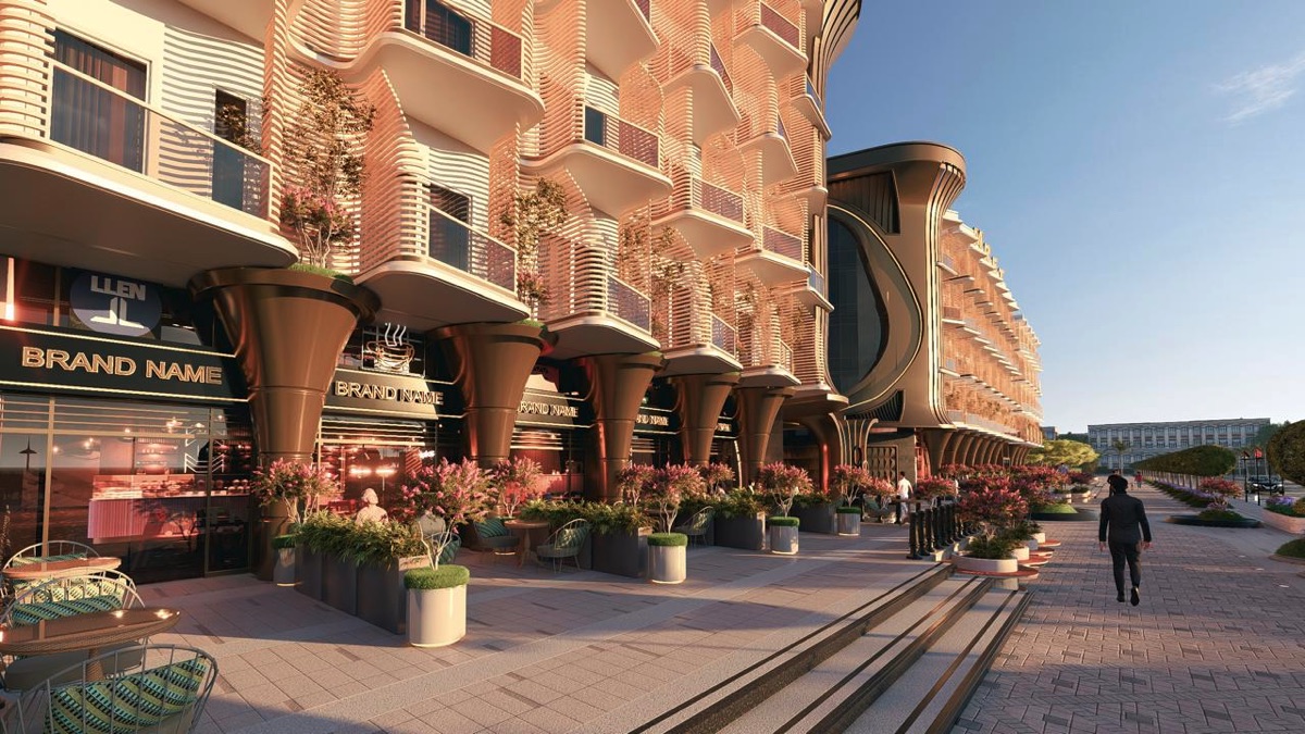 Marvento Resort Hurghada – Pedestrian frontage and curved apartment balconies Marvento Resort Hurghada – pedestrian frontage and curved apartment balconies, developer render