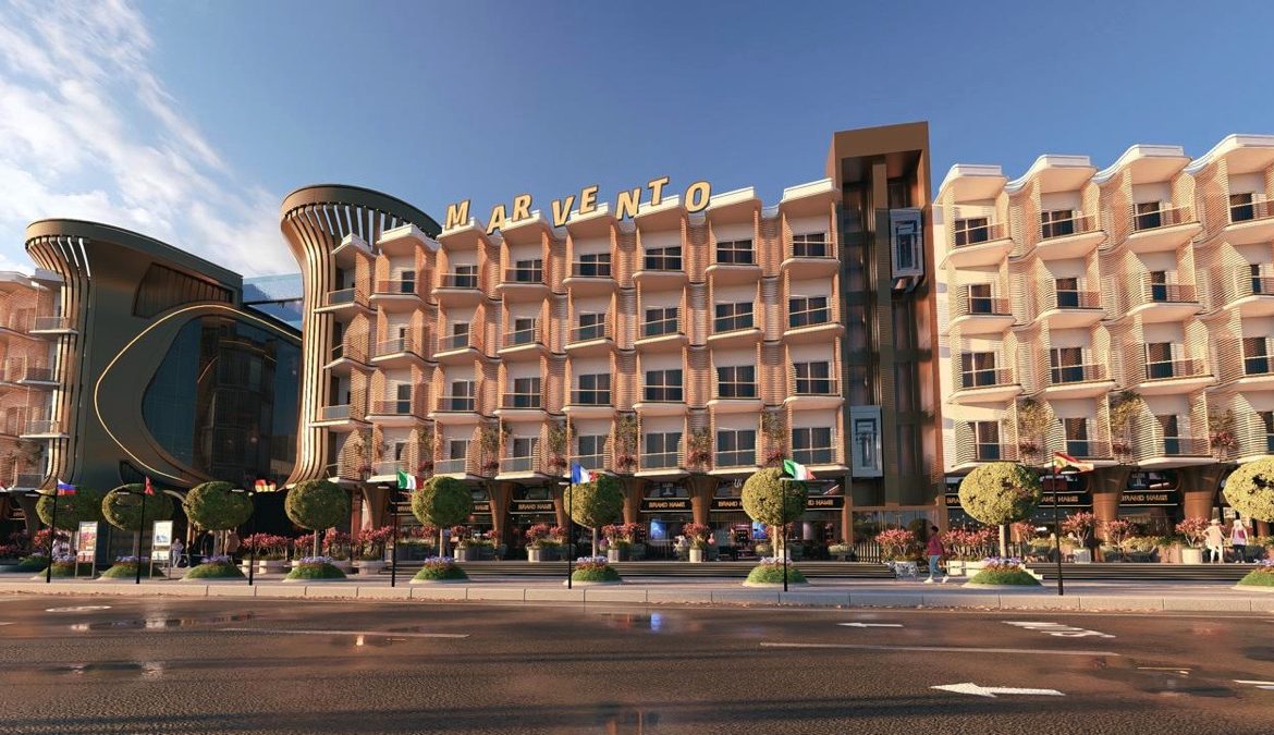 Marvento Resort Hurghada – street-facing resort façade and shops, developer render