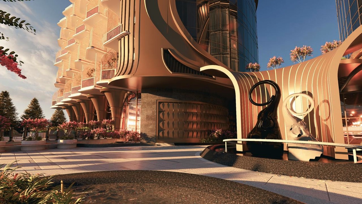 Marvento Resort Hurghada – central entrance and curved architectural features at sunset, developer render