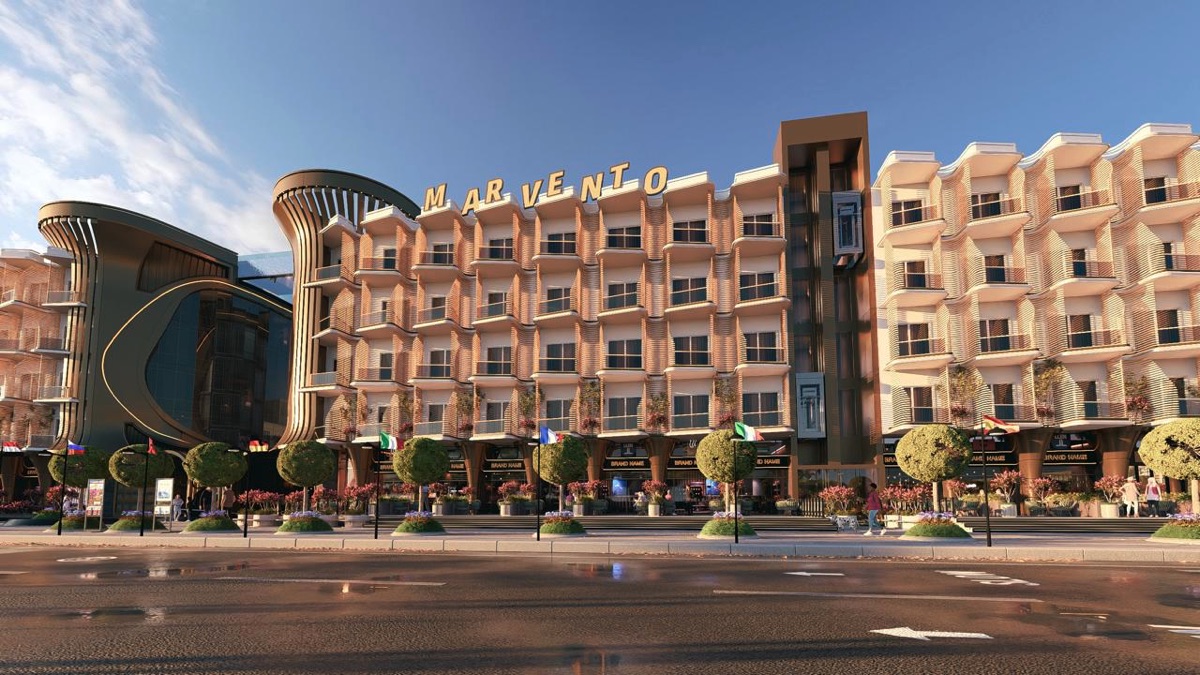 Marvento Resort Hurghada – street-facing resort façade and shops, developer render