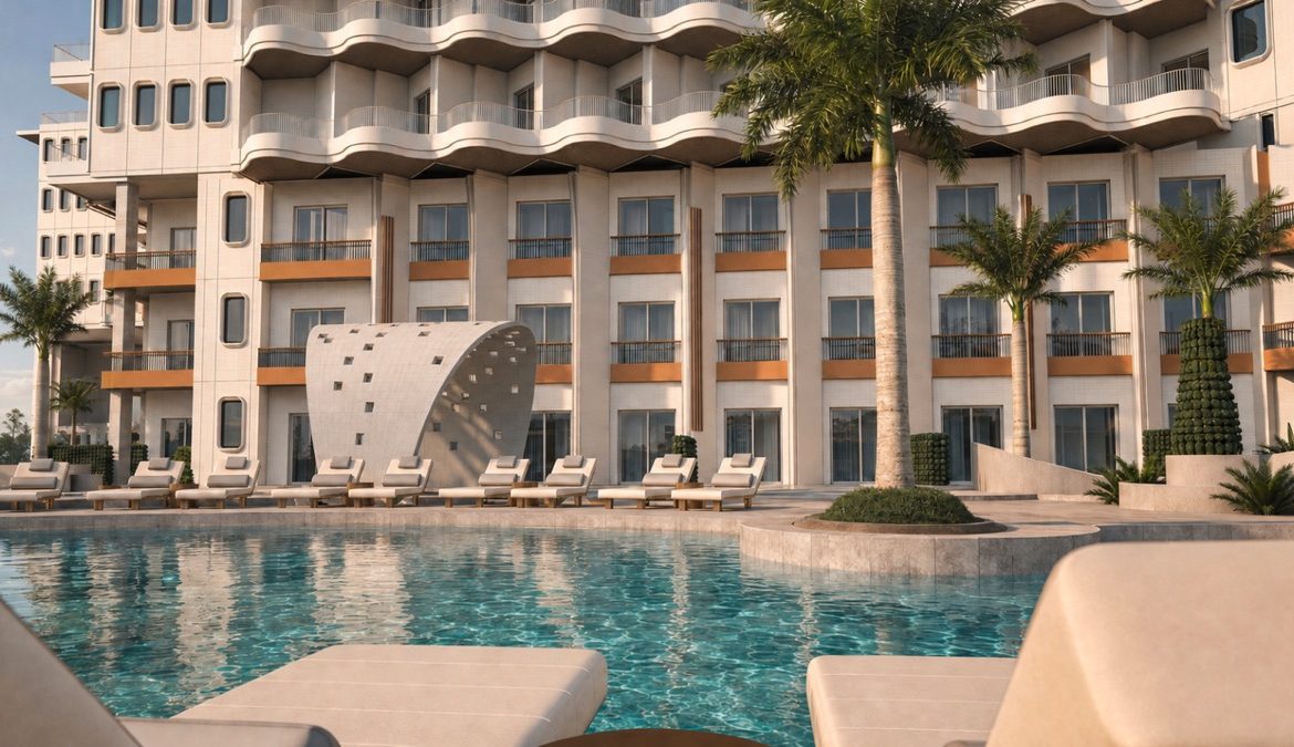 Marvento Resort Hurghada – courtyard pool and residential balconies, developer render