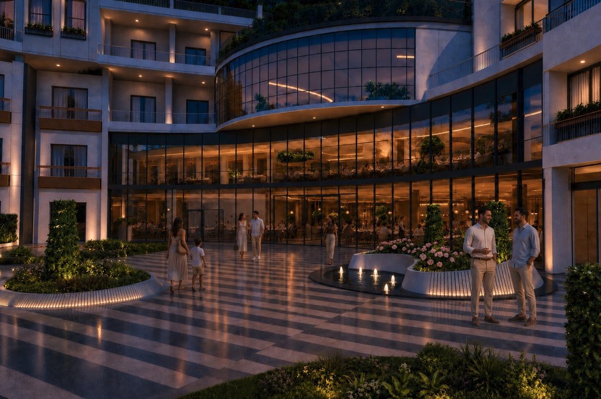 Marvento Resort Hurghada – glazed communal building beside the courtyard, developer render