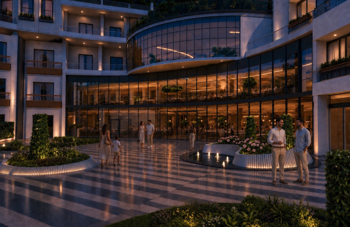 Marvento Resort Hurghada – Glazed communal building beside the courtyard Marvento Resort Hurghada – glazed communal building beside the courtyard, developer render