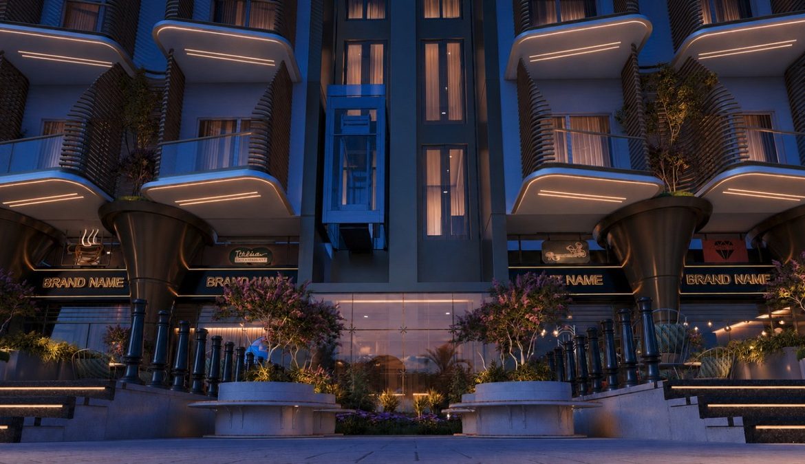 Marvento Resort Hurghada – night-time main entrance and curved balconies, developer render