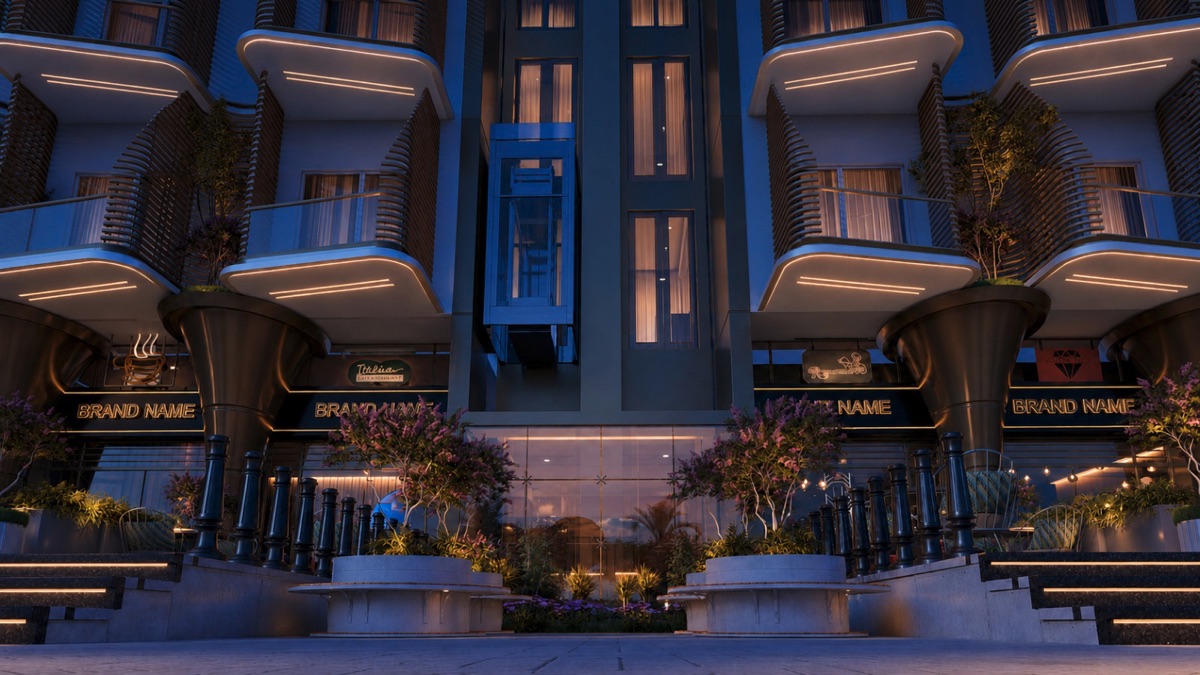 Marvento Resort Hurghada – night-time main entrance and curved balconies, developer render