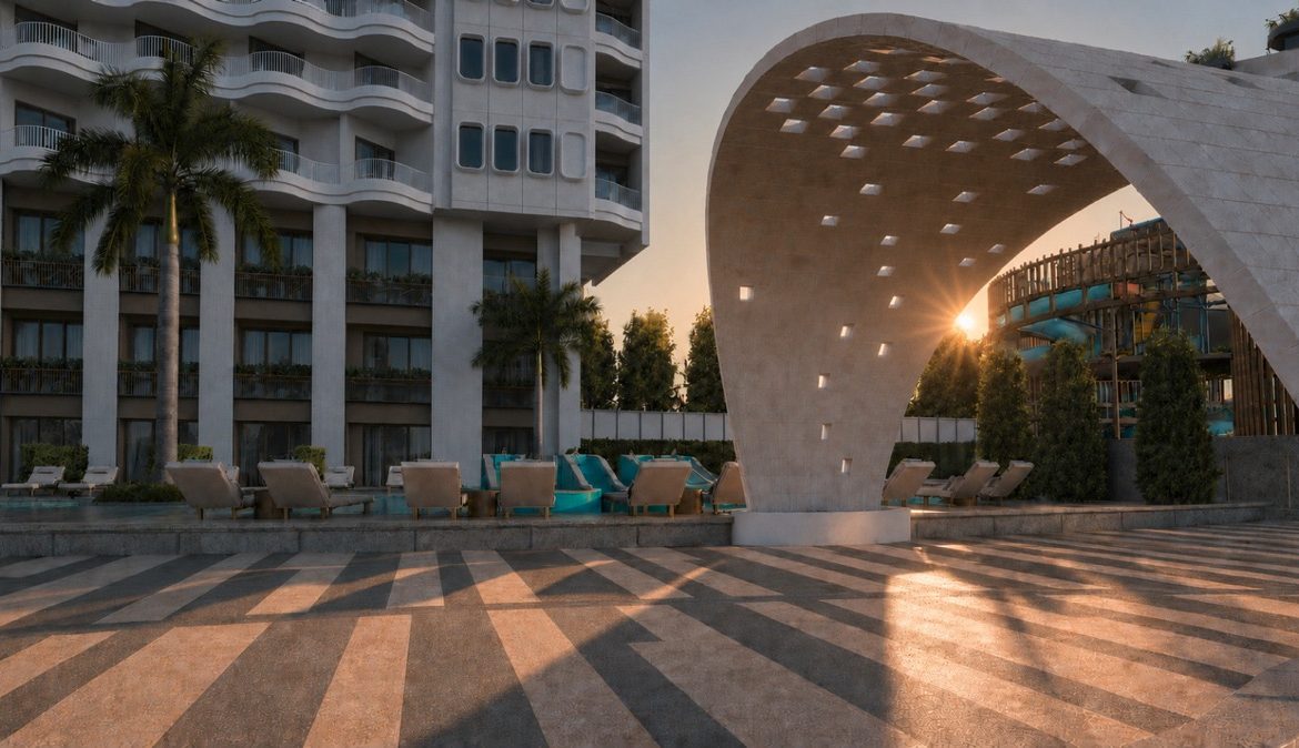 Marvento Resort Hurghada – courtyard arch and pool at sunset, developer render