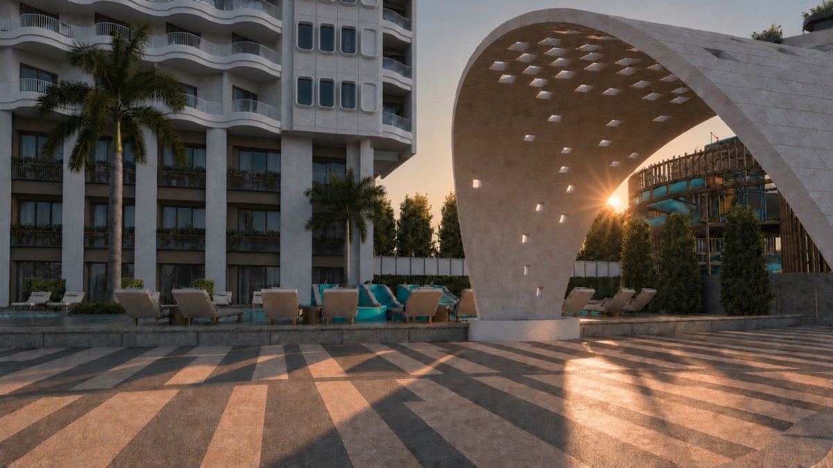 Marvento Resort Hurghada – courtyard arch and pool at sunset, developer render