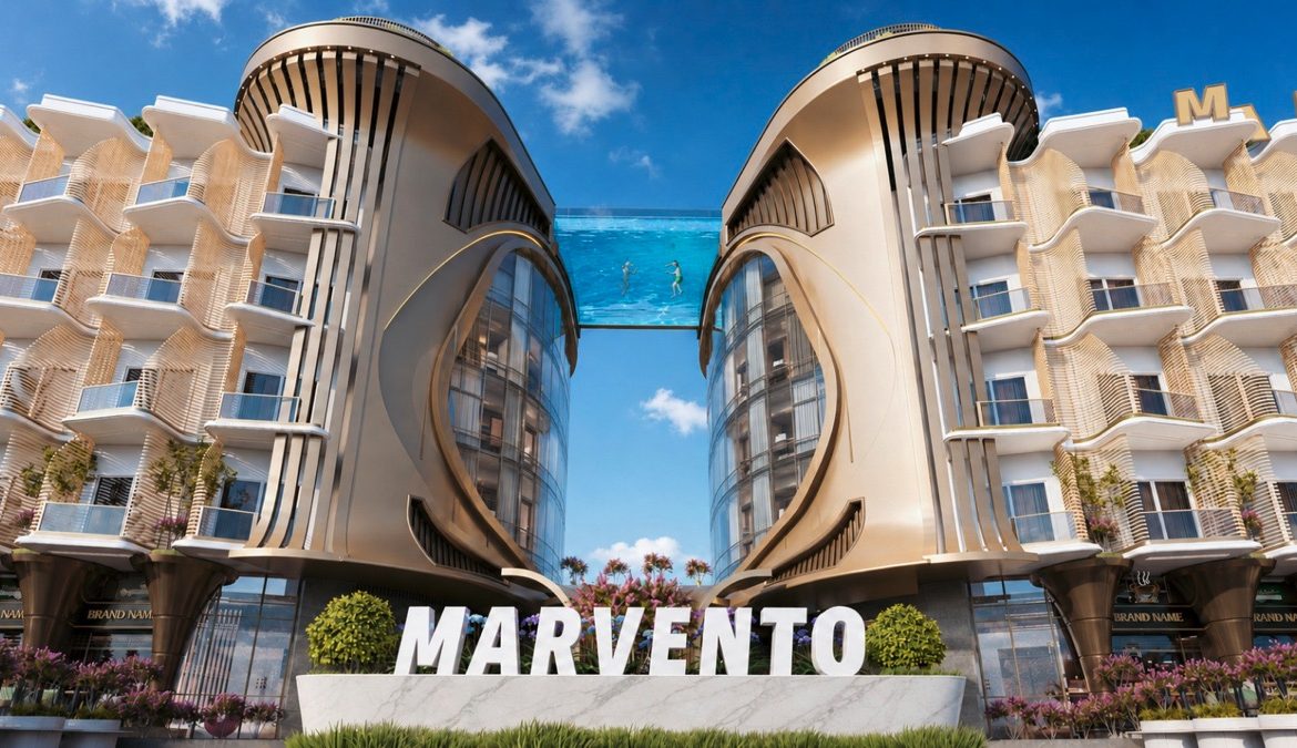 Marvento Resort Hurghada – entrance sign beneath the sky-pool bridge, developer render