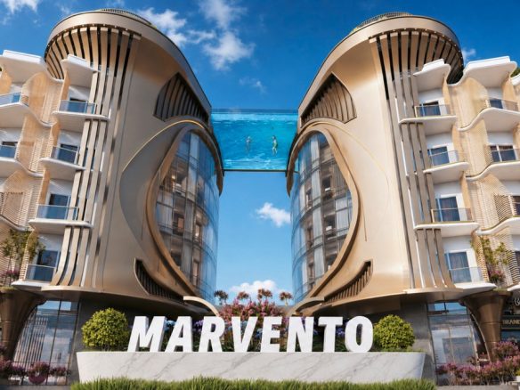 Marvento Resort Hurghada – entrance sign beneath the sky-pool bridge, developer render