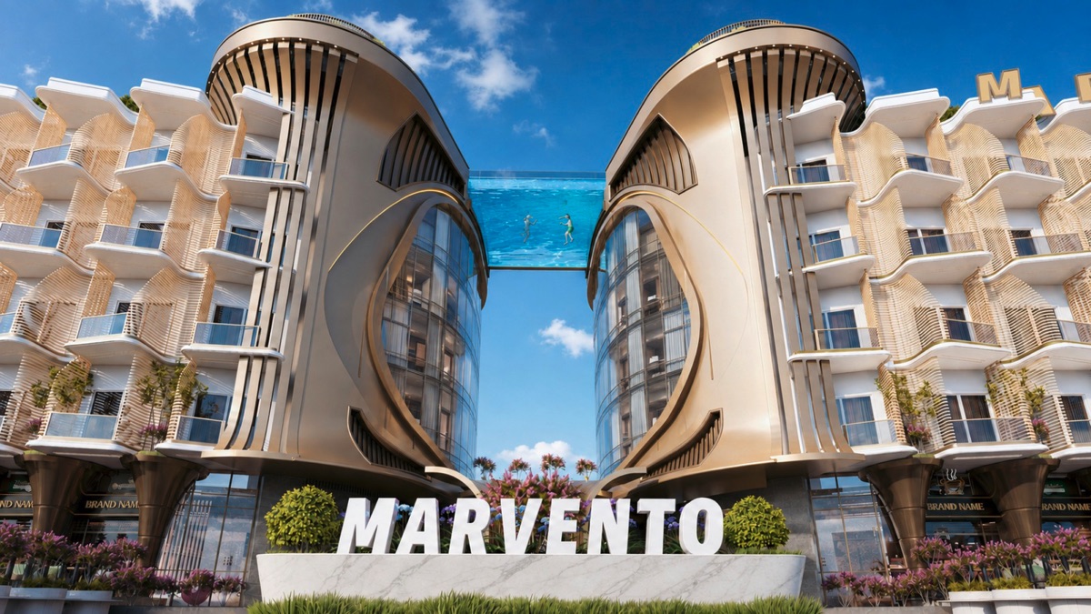 Marvento Resort Hurghada – entrance sign beneath the sky-pool bridge, developer render