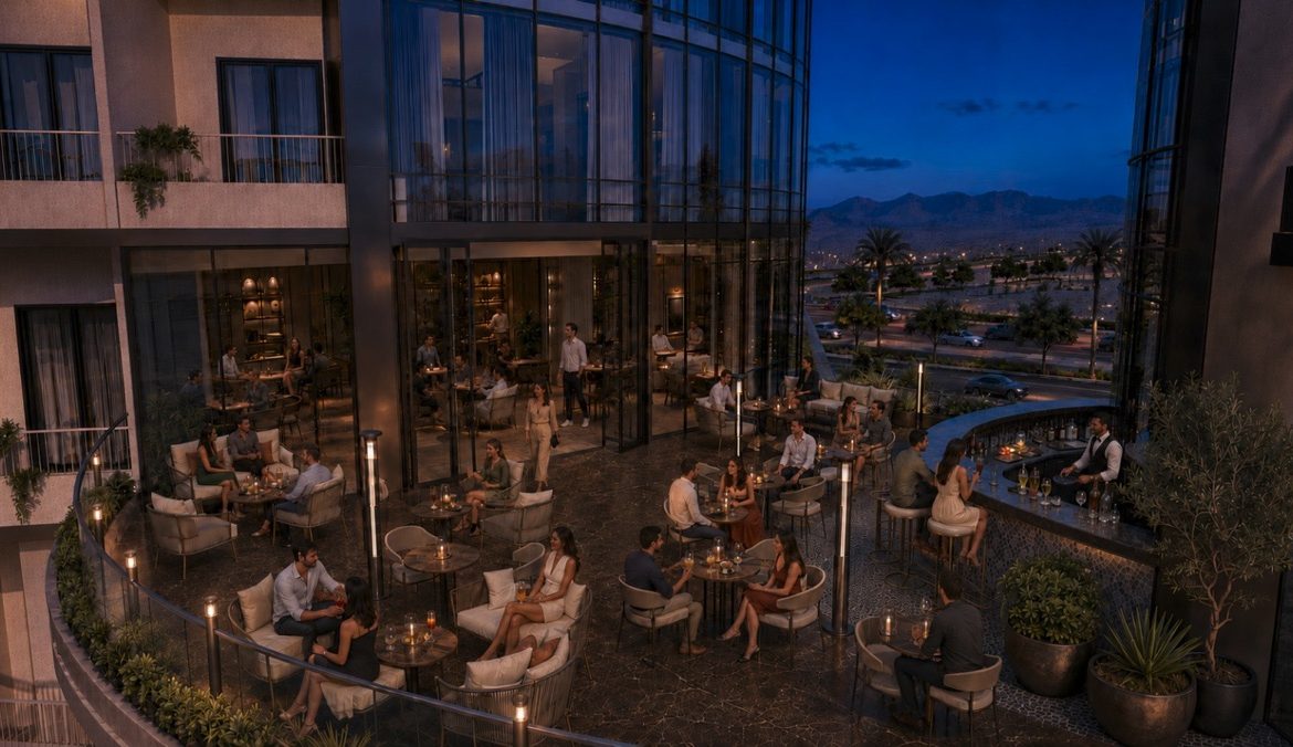 Marvento Resort Hurghada – restaurant terrace at night, developer render