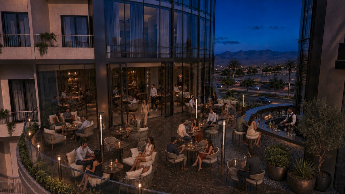 Marvento Resort Hurghada – restaurant terrace at night, developer render
