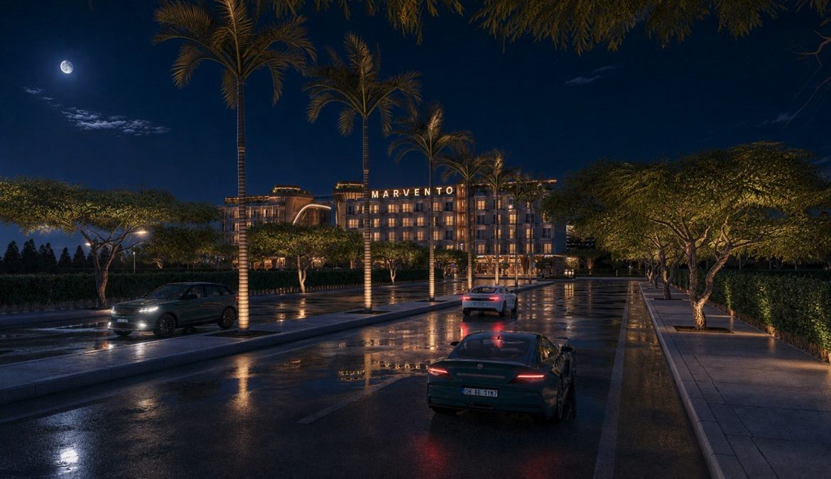 Marvento Resort Hurghada – palm-lined resort frontage at night, developer render