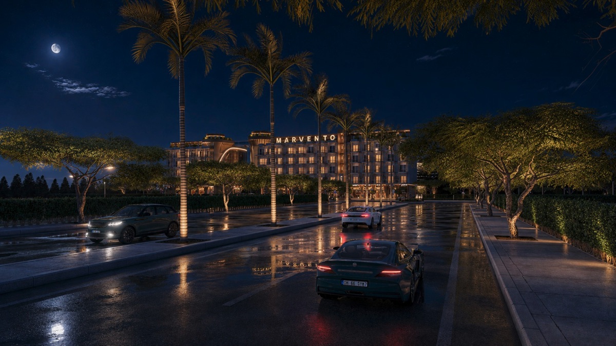 Marvento Resort Hurghada – palm-lined resort frontage at night, developer render