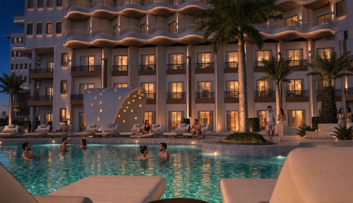 Marvento Resort Hurghada – pool and apartment façade at night, developer render