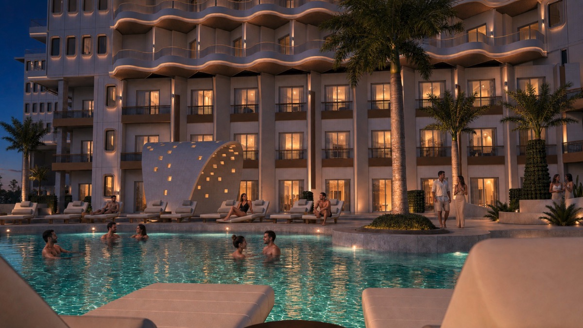 Marvento Resort Hurghada – pool and apartment façade at night, developer render