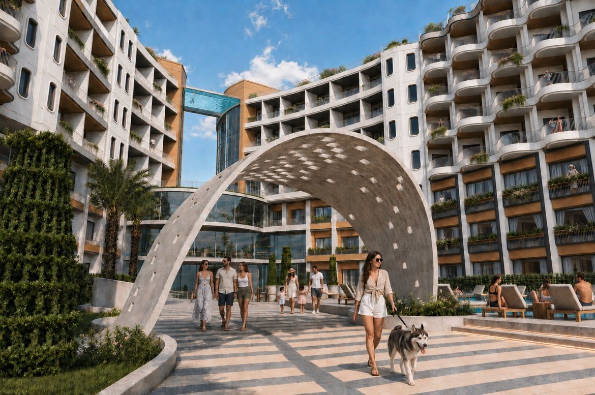 Marvento Resort Hurghada – courtyard arch and apartment blocks, developer render