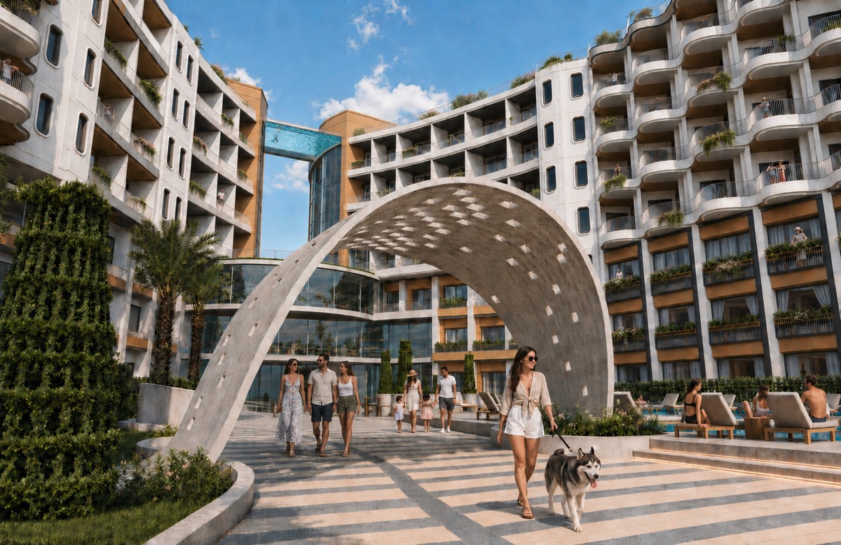 Marvento Resort Hurghada – courtyard arch and apartment blocks, developer render