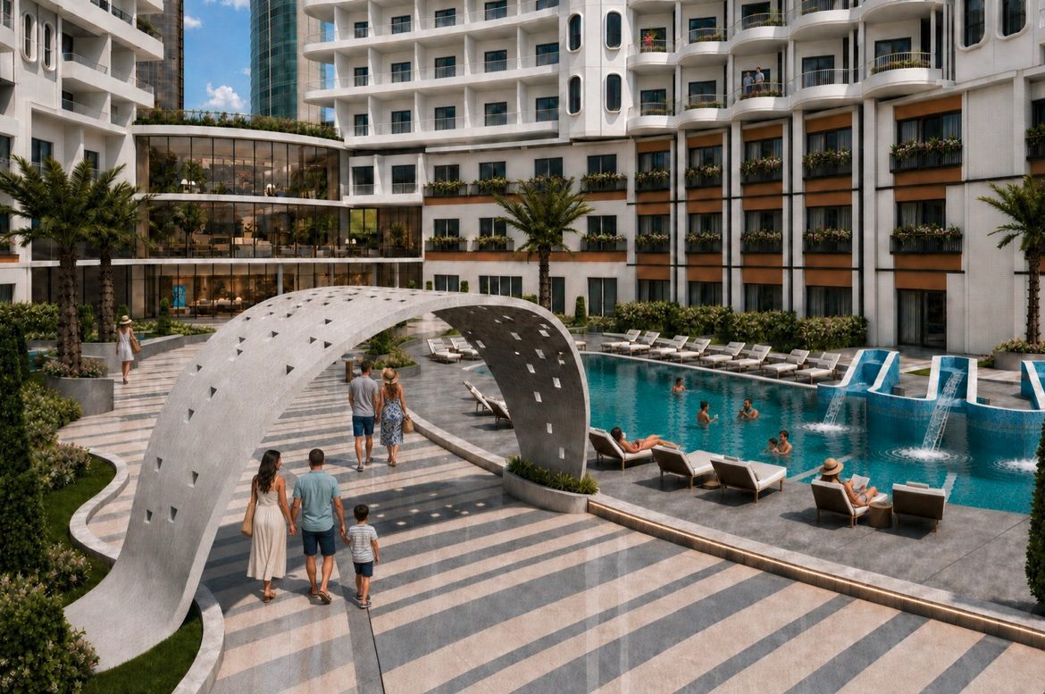 Marvento Resort Hurghada – poolside sculptural arch and loungers, developer render