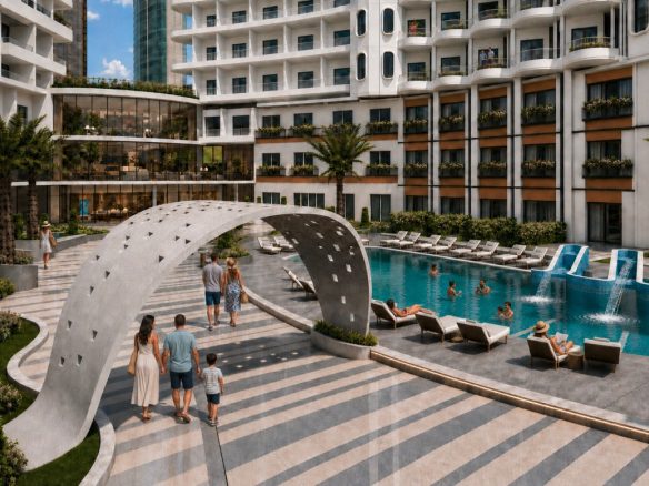 Marvento Resort Hurghada – poolside sculptural arch and loungers, developer render