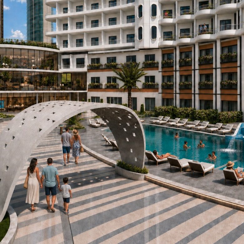 Marvento Resort Hurghada – poolside sculptural arch and loungers, developer render