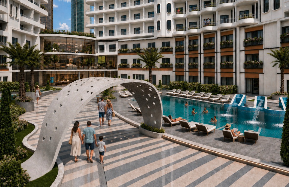 Marvento Resort Hurghada – poolside sculptural arch and loungers, developer render